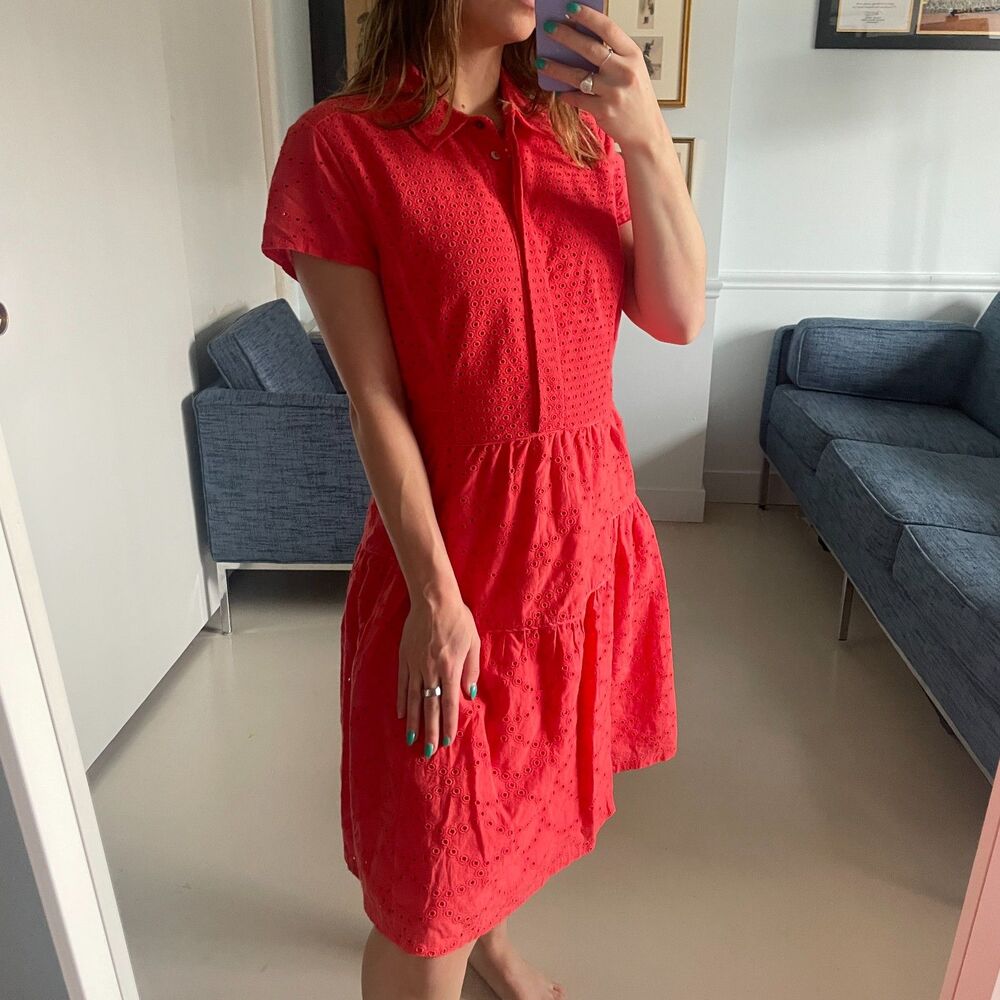 Diane von Furstenberg Collared Button up Eyelet Dress Coral Size 10 - Picture 4 of 9